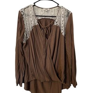 Umgee Brown Boho Lace Top Peasant Blouse Flowy Festival Style